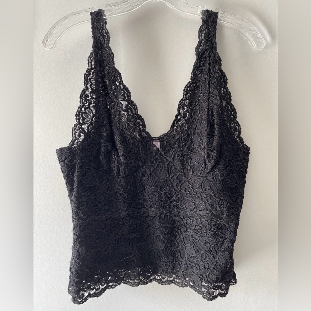 HANKY PANKY BLACK LACE V-NECK CAMISOLE TANK BRALETTE TOP W/STRETCH NYLON SIZE XL